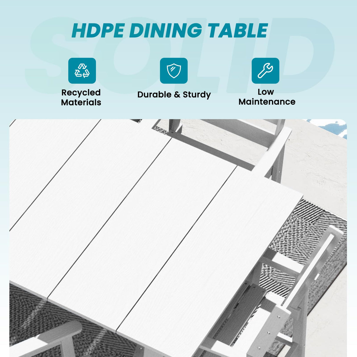 LOUNZY 75.2" HDPE Rectangle Outdoor Dining Table for 8, Oversized Patio Dining Table w/ 2" Umbrella Hole,White LOUNZY