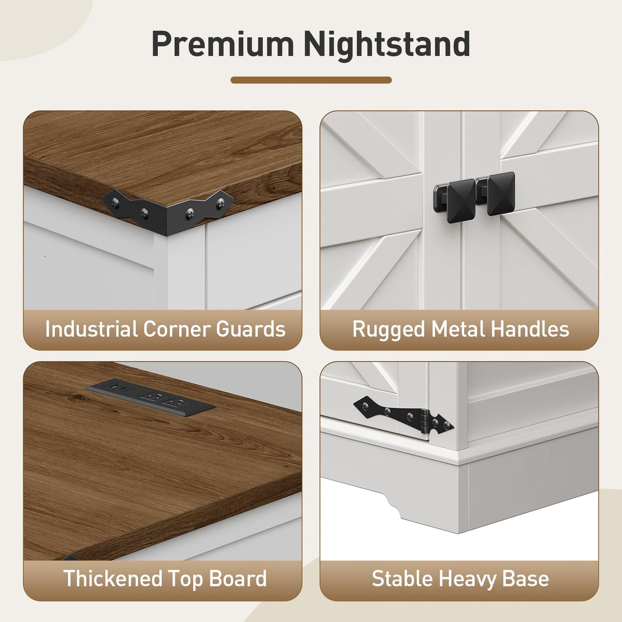 RALGEND Farmhouse End Table with Charging Station, 24'' Sofa Side Table with 2 Drawers and Barn Door, Large Rustic Wooden Square Nightstand for Bedroom, Living Room, White and Walnut RALGEND