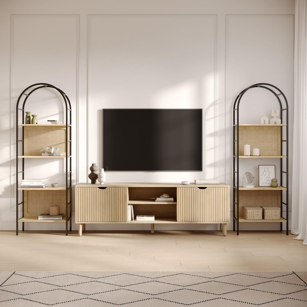 Stead 4-Tiered Arched Book Shelf - Light Oak & Natural Rattan, Metal Frame - Industrial Arched Bookcase & Fluted Bookshelf Stead