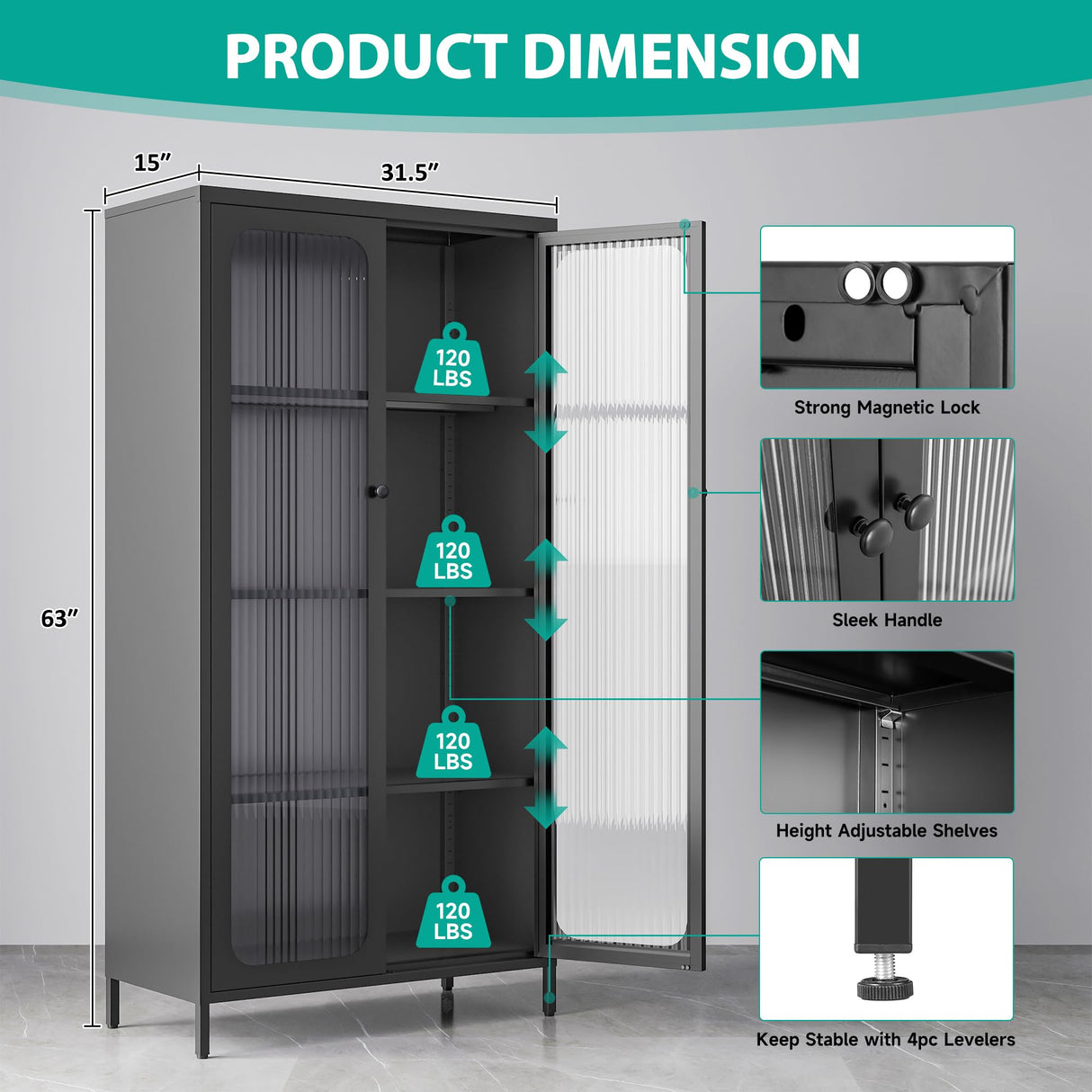 SISESOL Metal Storage Cabinet with Glass Doors and 4 Shelves,Black Glass Dispaly Cabinet,Metal Pantry Cabinets,Tall Large Cupboard for Home,Kitchen,Dining/Living/Laundry Room SISESOL