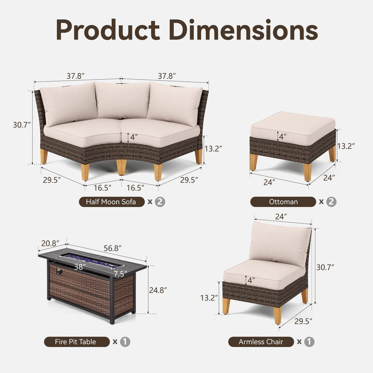 GREEN PARTY 7 Pieces Wicker Patio Furniture Set with 56" Fire Pit Table, All-Weather Outdoor Rattan Patio Half-Moon Curved Sectional Sofa Conversation Set for Garden, Backyard GREEN PARTY