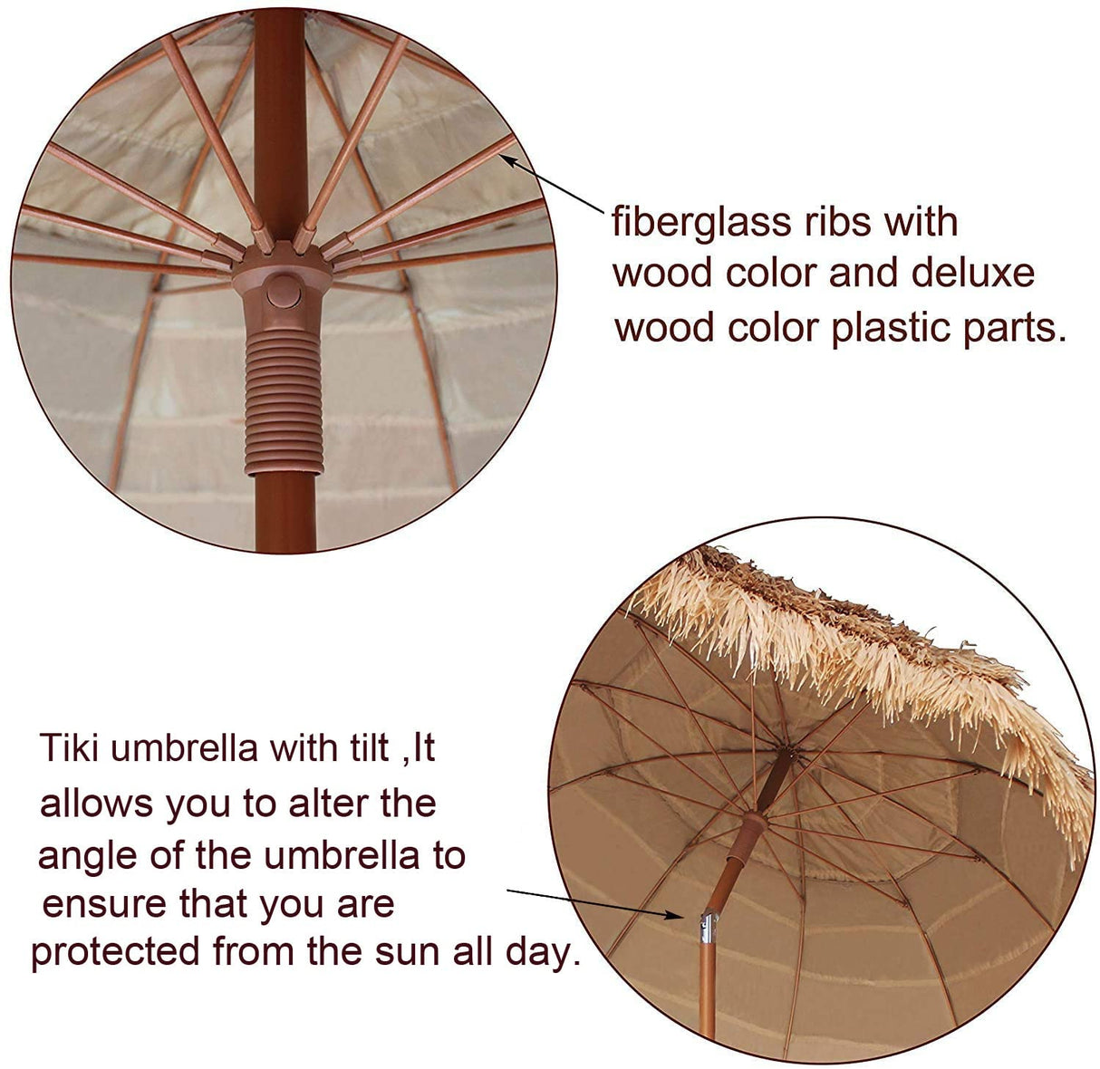 AMMSUN 7.5ft Hula Thatched Tiki Patio Beach Umbrella Hawaiian Style 10 Ribs UPF 50+ with Tilt Carry Bag for Outdoor Tiki Bar, Tropical Palapa, Patio Garden Beach Pool Backyard Natural Color AMMSUN