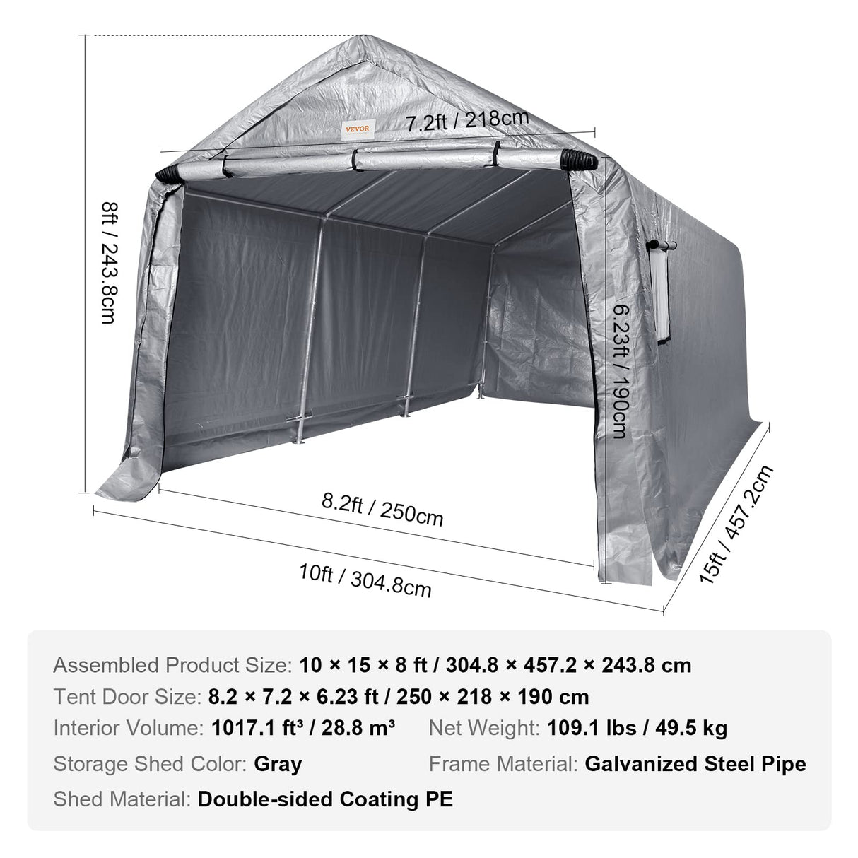 VEVOR 10x15 ft Instant Garage Portable Carport Car Canopy, Outdoor Portable Storage Shed with Roll-up Zipper Door and Ventilated Windows for Cars, Garden Tools VEVOR