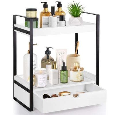 Ukonvi 2-Tier Bathroom Organizer Countertop with Drawer, Wood Counter Shelf for Storage, Vanity Tray for Bathroom Organization and Decor, Countertop Organizer for Kitchen, Office (White)