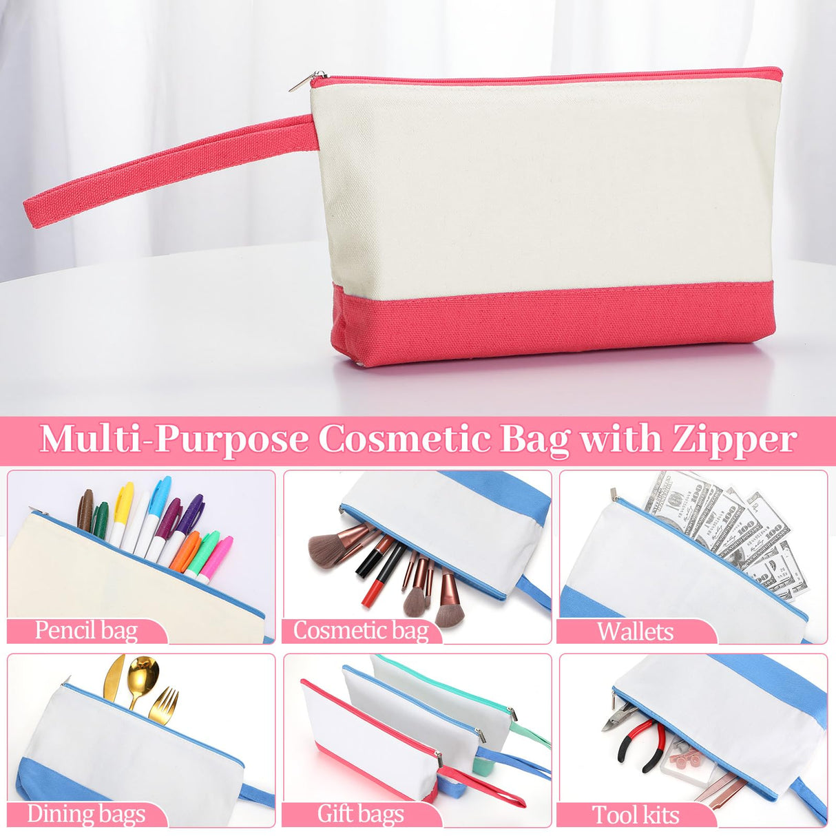 Silkfly 15 Pcs Cotton Canvas Makeup Bags Canvas Cosmetic Bag 10.2 x 5.5 x 2 Inches Two Tone Makeup Bags Bulk with Zipper Blank DIY Pouch with Bottom Travel Toiletry Pouch for Women (Cute) Silkfly