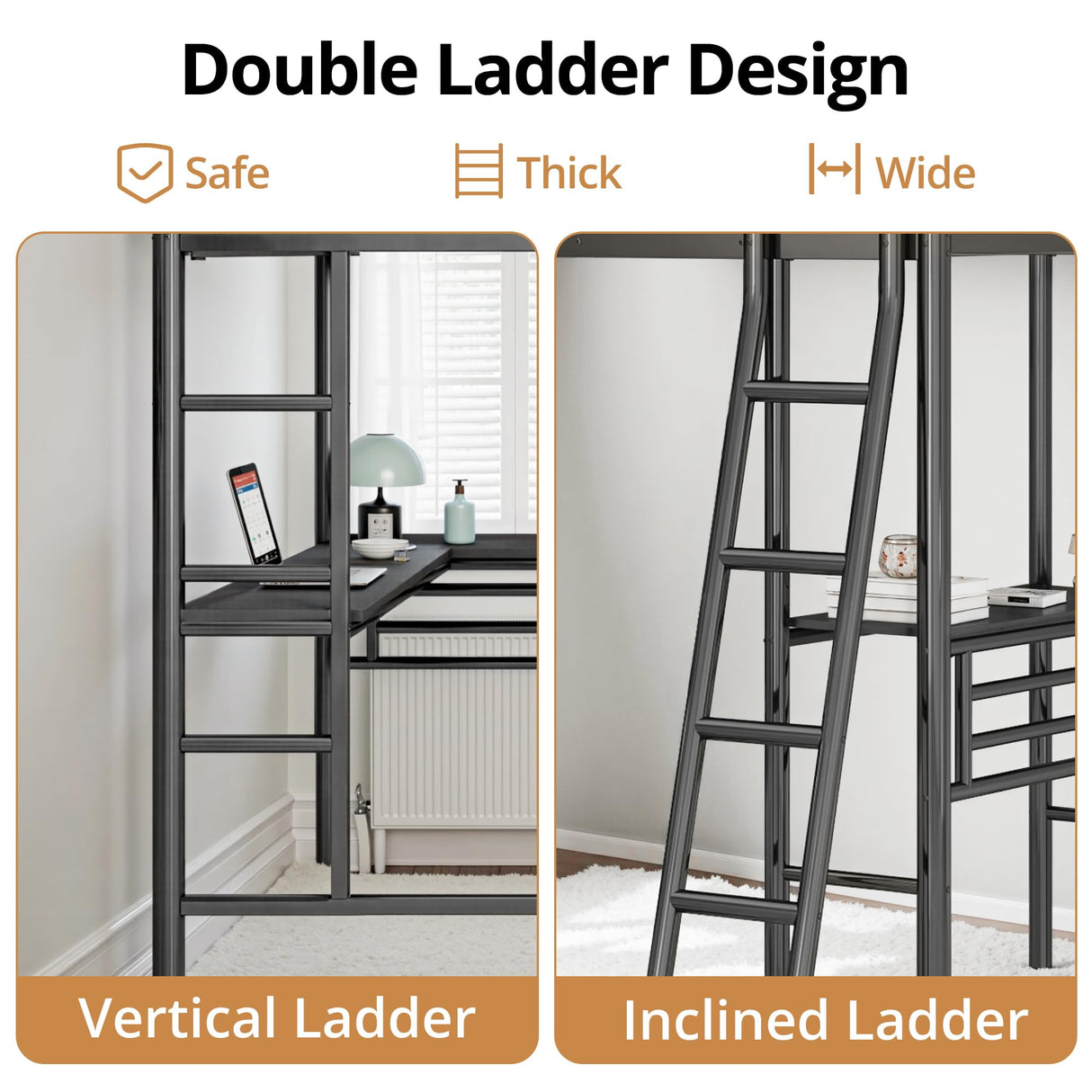 INCLAKE L Shaped Metal Loft Bed with 2 Desk, Twin Size Loft Bed with Safety Guardrail and 2 Ladder, Heavy-Duty Steel Frame Corner Twin Bed for Girls Boys Teens, Black INCLAKE