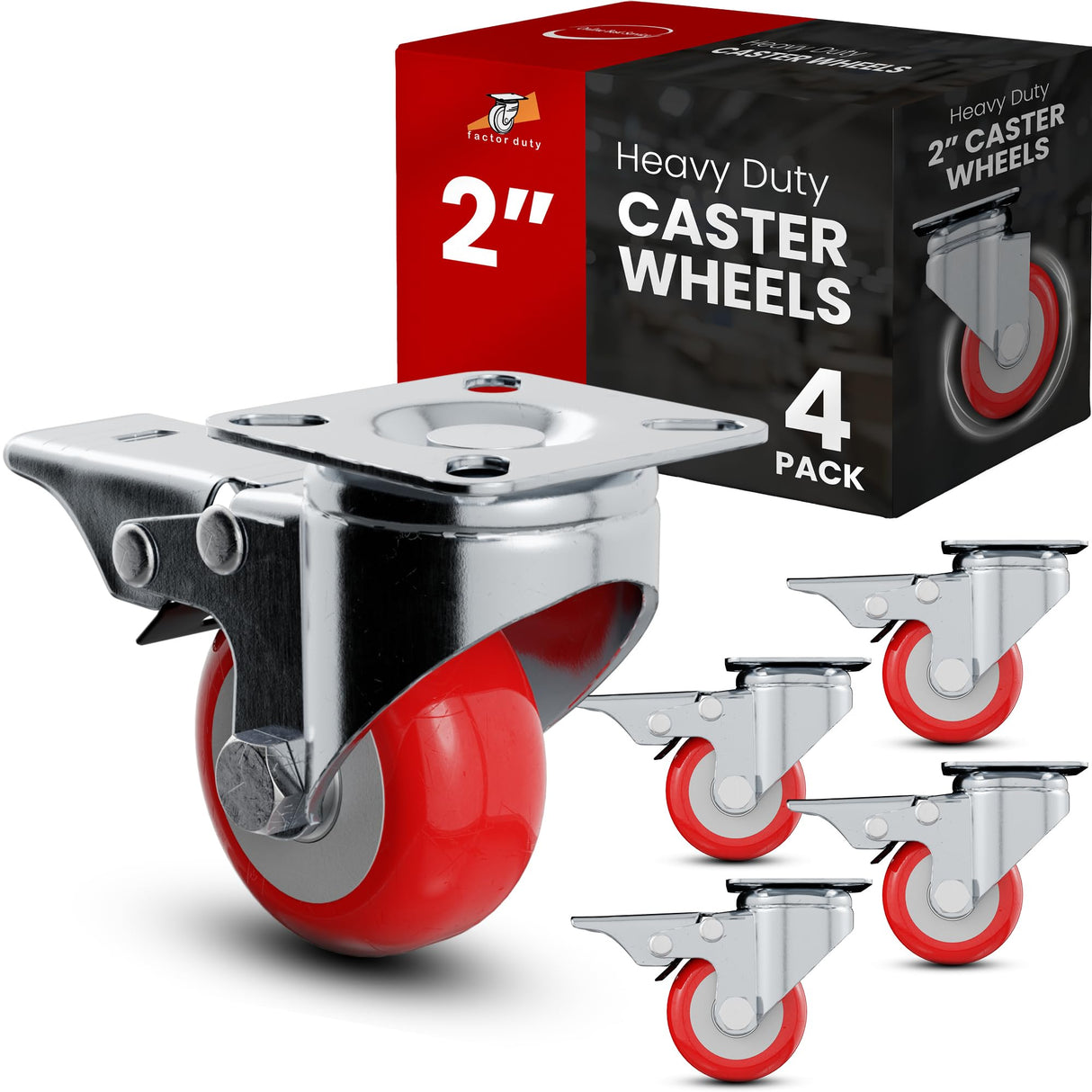 Online Best Service 4 Pack Caster Wheels Swivel Plate On Red Polyurethane Wheels (2 inch With Brake) Online Best Service