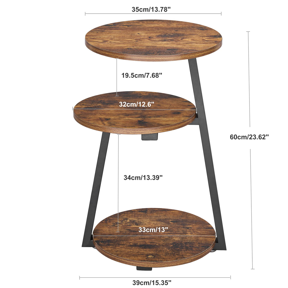 BEWISHOME Round End Table Side Table with Metal Frame, Accent Table Nightstand Bedside Table with 3-Tier Shelves for Living Room Bedroom Couch Small Coffee Table Rustic Brown KTZ41Z BEWISHOME