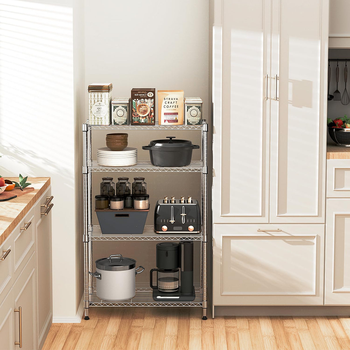 MZG 1400 lbs 4 Tier Storage Rack Metal Wire Shelving Unit, Storage Standing Household Shelf Organizer for Kitchen Pantry Closet Garage Basement Utility Room, Chrome 15.8" D x 45.3" W x 59.4" H M MZG