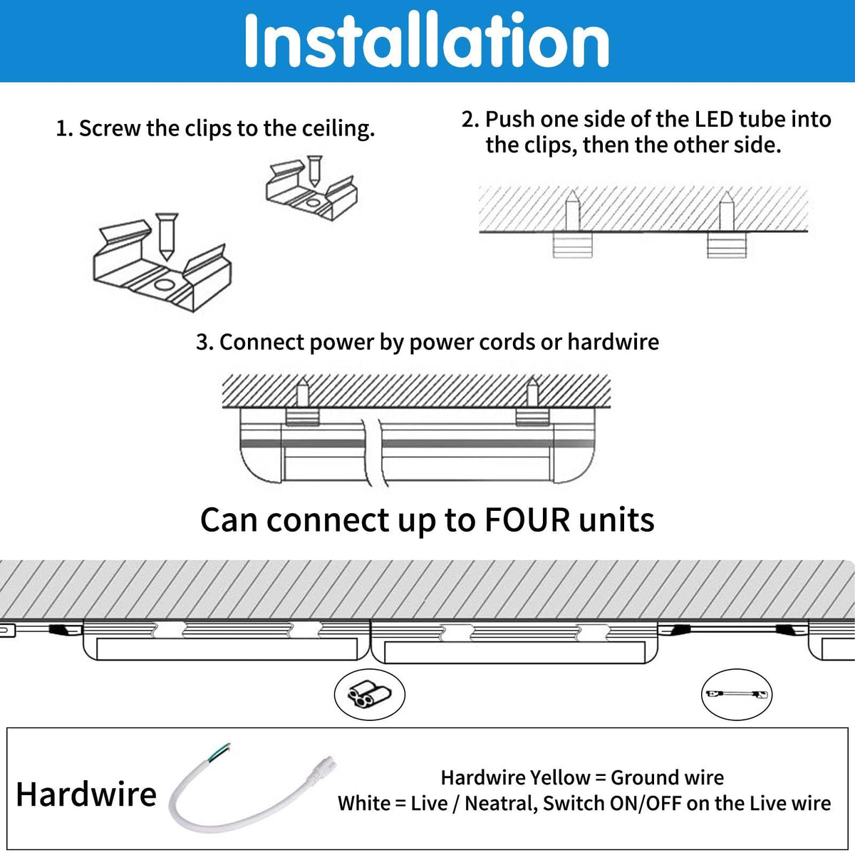 AQIQUUT Led Shop Lights,Led Shop Lights 4FT,50W 6500K 7000LM Clear White,Led Shop Light 4FT 110V Linkable Integrated V-Shape for Shop Garage,Warehouse,Workbench and Workshop Indoor(4-Pack) AQIQUUT
