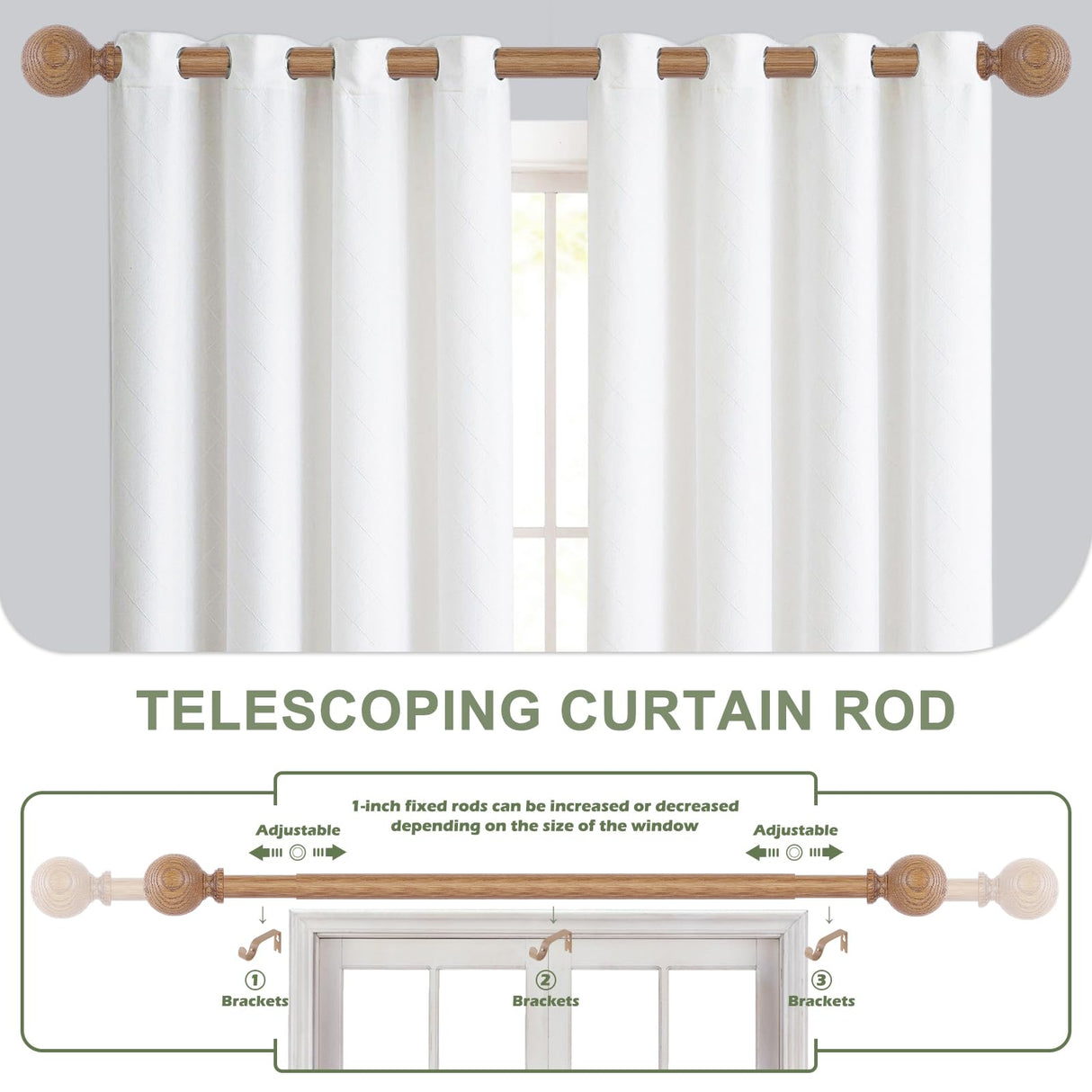 HTZON Wood Curtain Rods for Windows 48 to 84 Inch,1 Inch Wood Grain Ball Adjustable Curtain Rod,Boho Heavy Duty Curtain Rods,Farmhouse Rustic Single Window Curtains Rods,Brown Drapery Rods Set 36-88" HTZON