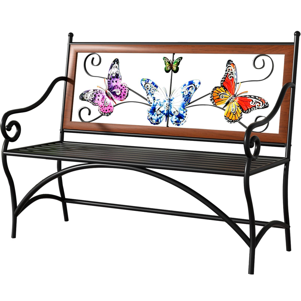 39.7" Outdoor Bench, Garden Bench, Patio Bench with Armrest, Slatted Seat and Butterfly Pattern Backrest for Outside, Front Porch, Park, Lawn, Backyard and Balcony, Cast Iron Metal Frame, Black KINGBO