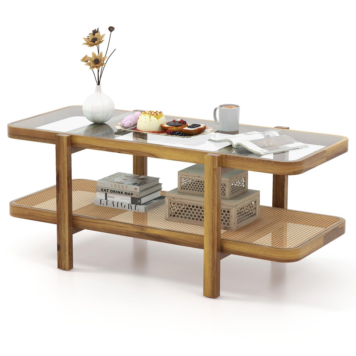 Giantex Rattan Coffee Table, 47.5" Rectangle Solid Wood Tea Table w/Tempered Glass Tabletop, Rattan Storage Shelf, 2-Tier Boho Coffee Tables, Farmhouse Center Table for Living Room (Oak) Giantex