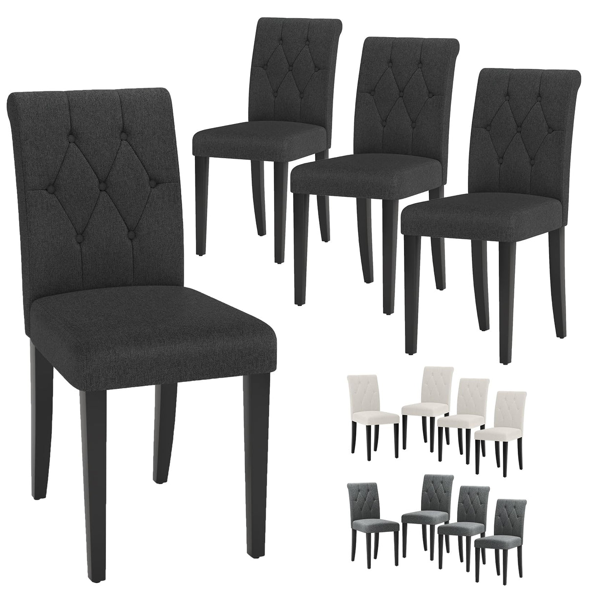 Welzona Upholstered Dining Chairs Set of 4, Button Tufted Parsons Dining Chair with Solid Wood Legs, Modern Fabric Side Chair for Dining Room/Kitchen/Restaurant/Hotel- Black Welzona