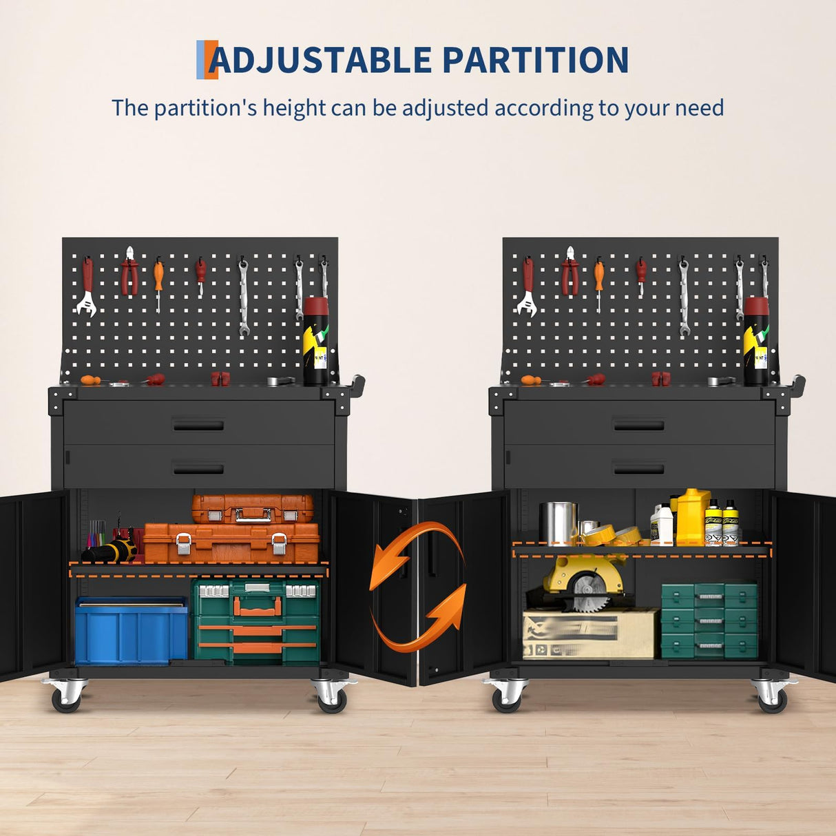 EcoSummer 35" Heavy-Duty Steel Rolling Tool Cabinet with 2 Deep Drawers & Locking Casters, Adjustable Shelves, Built-in Pegboard, Garage, Workshop, Warehouse Storage Organizer, Mobile Workbench EcoSummer