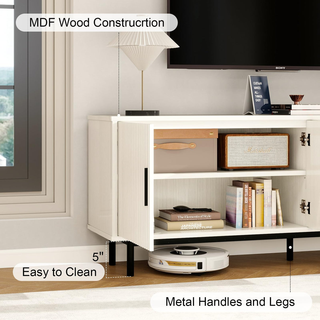 MUUEGM Modern TV Stand for Televisions up to 80 Inch, Entertainment Center with Storage, Cabinet with Fluted Door and Adjustable Shelf, Console Table and Media Furniture for Living Room, White MUUEGM