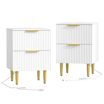 Akxomel White Nightstand Set of 2, Fluted Night Stand with Charging Station, 13.8" D x 15" W x 23.2" H, 2 Drawers Modern Bedside Table with USB Ports and Outlets, Golden Side Table for Bedroom