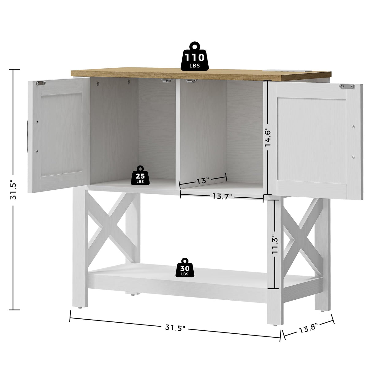 IRONCK Farmhouse Entryway Table Console Table with Power Outlet, Coffee Bar Cabinet, Sofa Table with Cabinet and Storage Shelf, for Hallway, Kitchen, Foyer, Living Room, White IRONCK