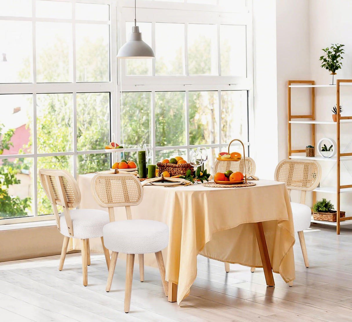 Rattan Dining Chair, Kitchen Dining Room Chairs, Mid Century Modern Boucle Chair, Stylish Upholstered Wood Accent Chair, Cute Sherpa Chair, Living Room Bar Stool Chair, Boho Makeup Vanity Chair, 1 Pc ZYBT