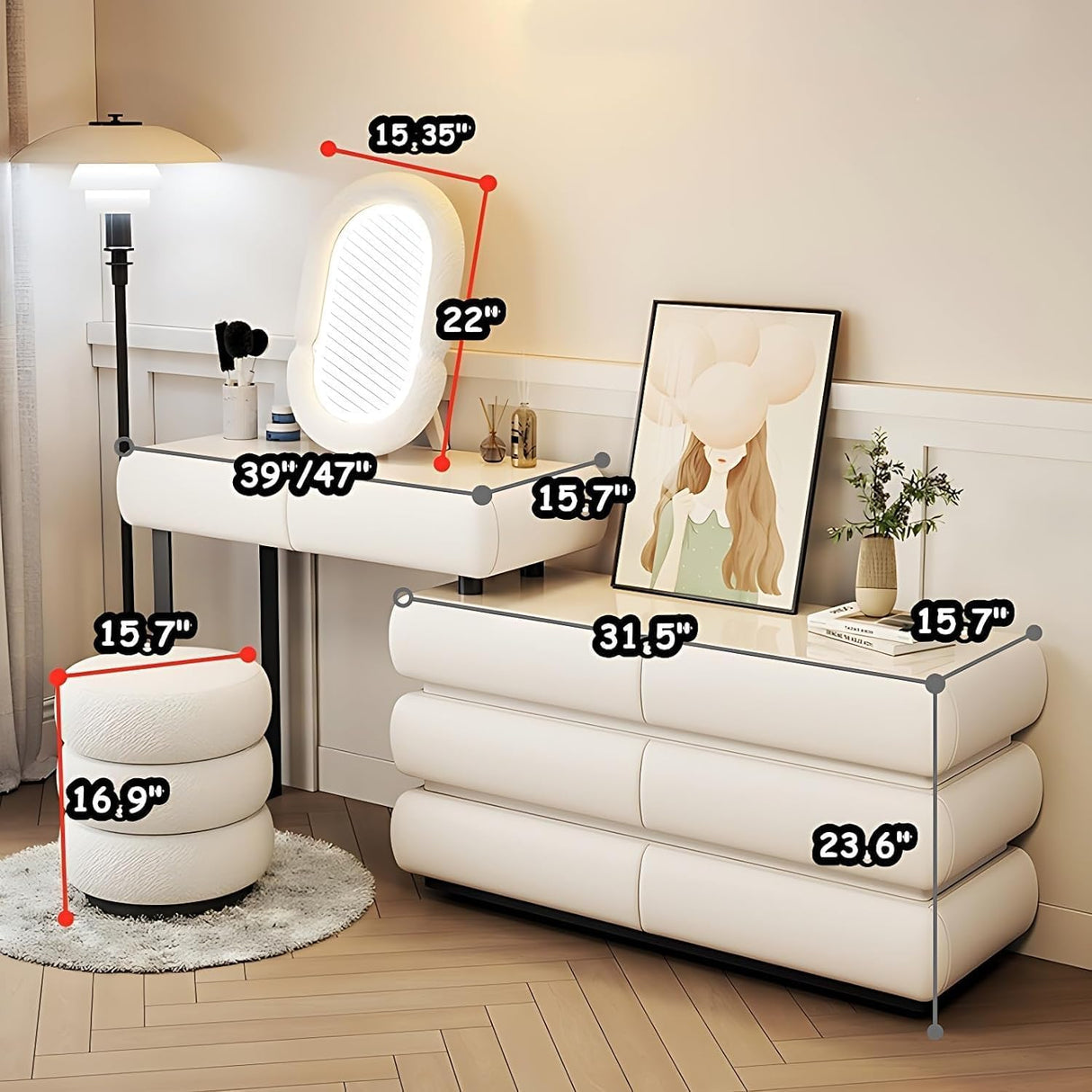 Pesnllov Vanity Set - Makeup Vanity Desk with Drawer & LED Makeup Mirror, Elegant Solid Wood Bedroom Vanity Table, Including Chair. (A-White, 47") Pesnllov