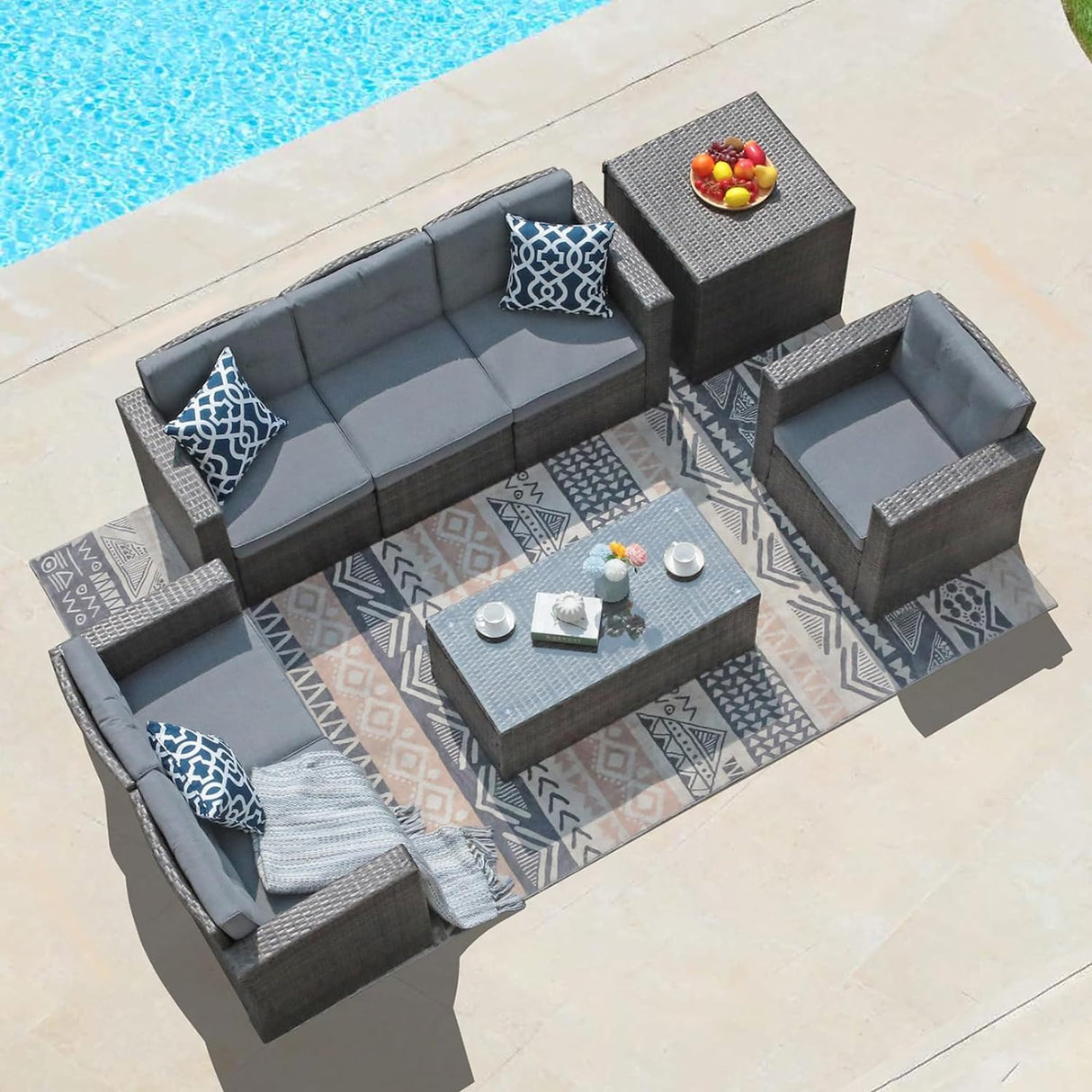 Super Patio 8 Pieces Conversation Sets, All-Weather Outdoor Patio Furniture Sets, U-Shaped PE Wicker Rattan Patio Sectional Sofa, with Cushions, Storage Box, Coffee Table, 3 Pillows, Gray Super Patio