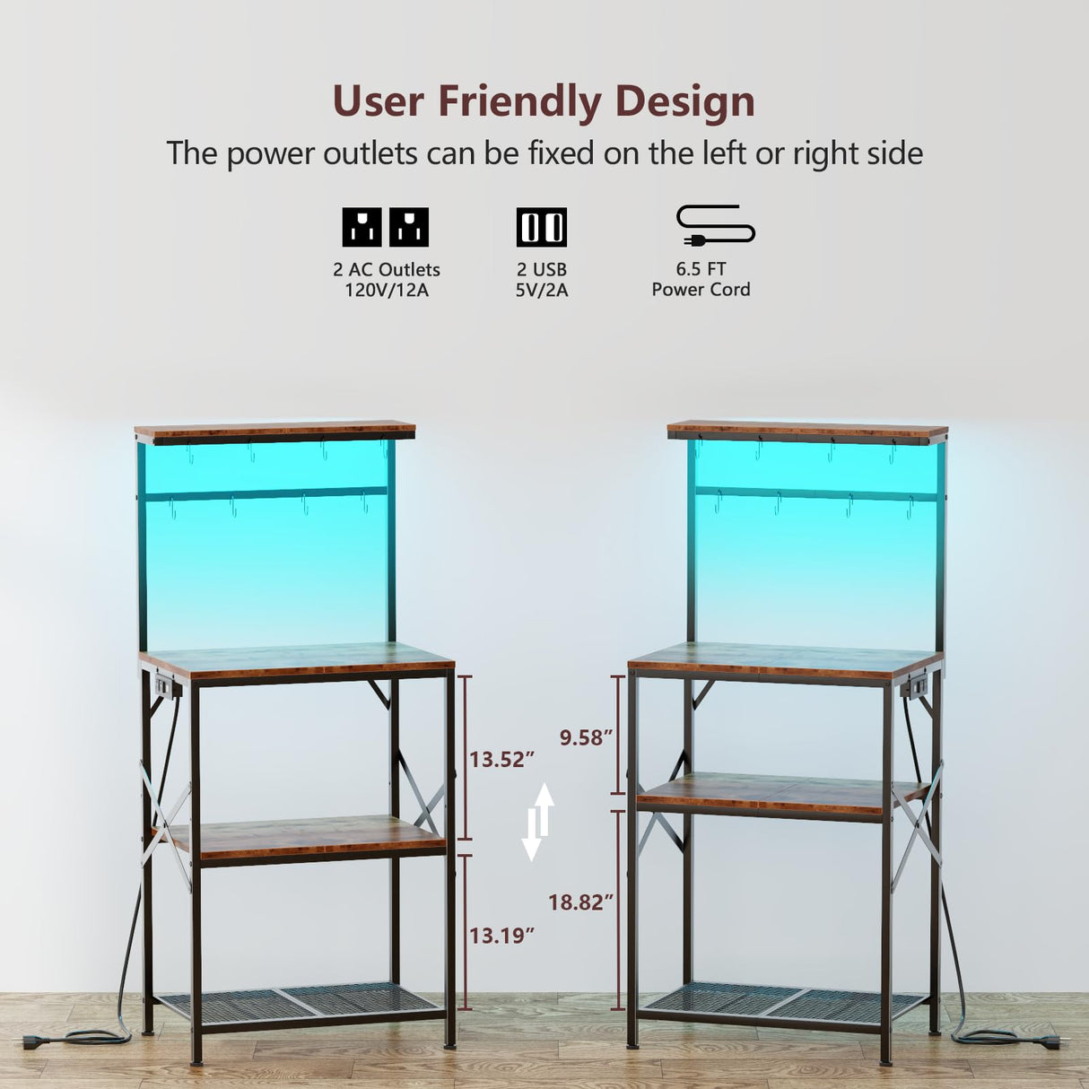 Kitchen Bakers Rack with Power Outlet & LED Lights, Small Coffee Bar Table with Adjustable Storage Shelf, 4 Tiers Microwave Stand with 8 Hooks, Coffee Station for Appliance Organizer, Rustic Brown Korfile