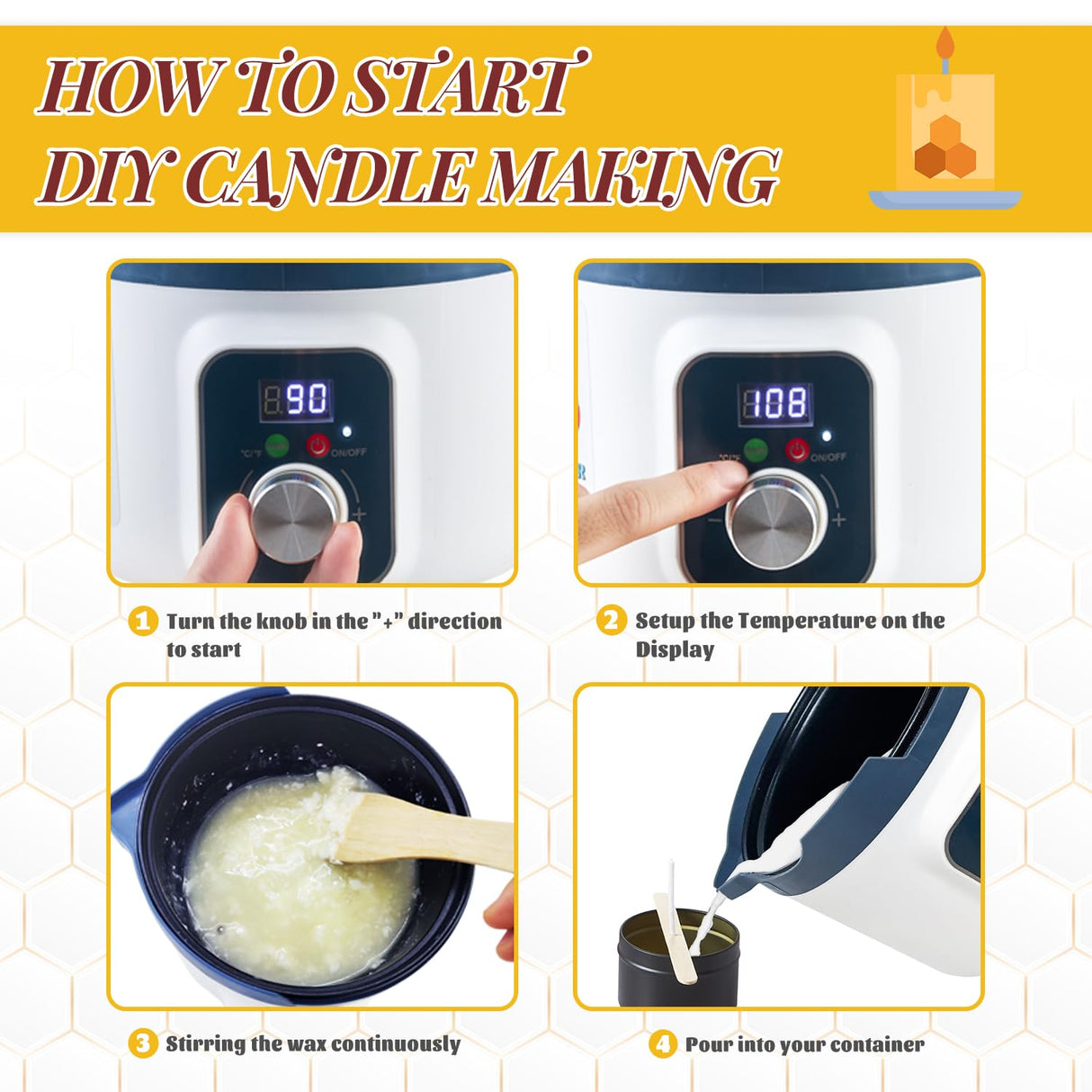 KQU Beeswax Candle Making Kit for Adults, 5lb Beeswax, LED Display Wax Melter, Cotton Wick, Wick Stickers KQU