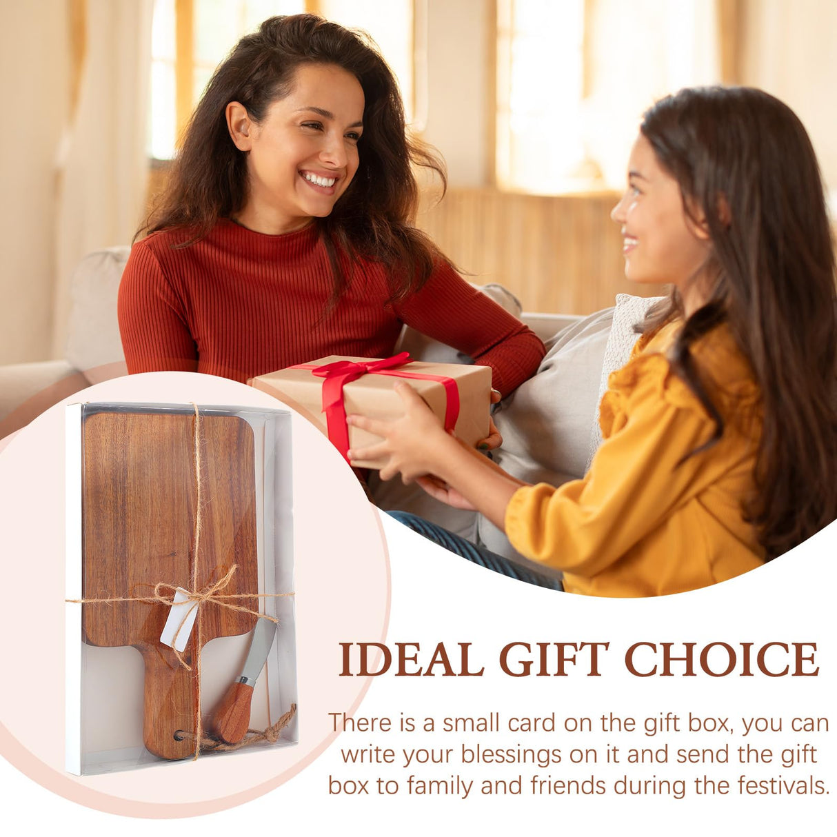 Geetery 12 Sets Acacia Wood Cutting Board with Knife Kitchen Chopping Boards with Handle Engraving Serving Board Charcuterie Boards with Gift Boxes, Cards for Wedding Mother's Day Housewarming Gift Geetery