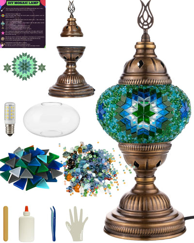 DEMMEX DIY Turkish Moroccan Mosaic Lamp Making Kit – No Grout – Fun, Easy, No Experience Required – Complete Mosaic Art & Craft Project Kit for Adults & Teens – Make Your Own Table Lamp (Turquoise)