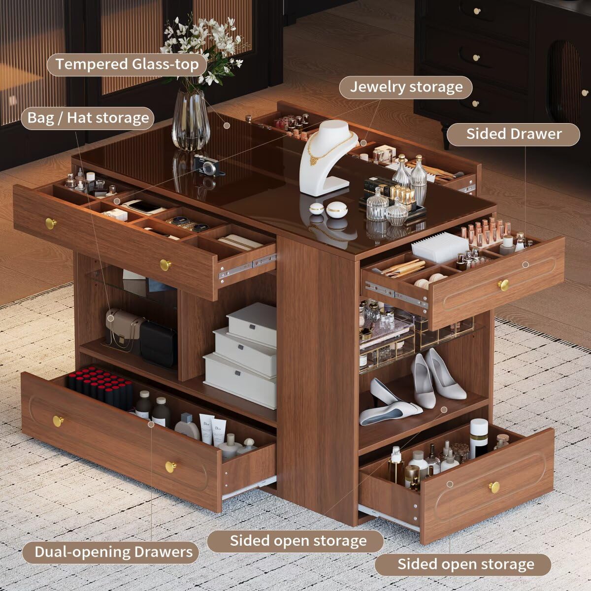 47.3" Closet Island with 6 Drawers Table, Wardrobe Armoire Island with Glass Display Top and Open Shelves, Jewelry Storage Vanity Island with compartments, Walk-in Closet Island for Cloakroom,Walnut JIJIWANG