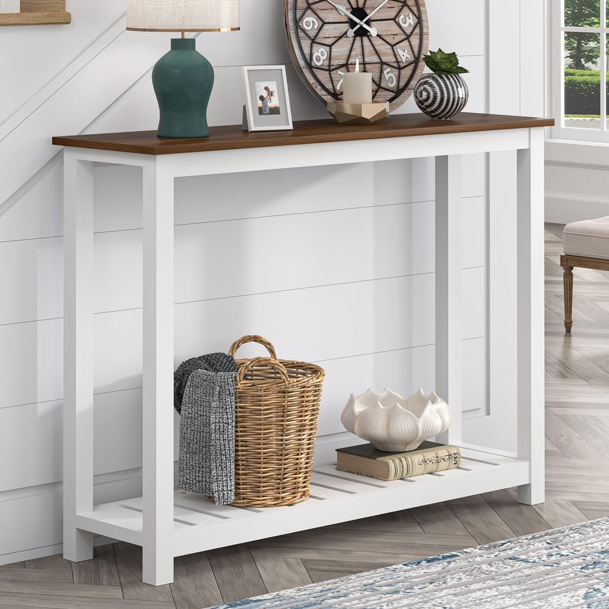 FOLUBAN Farmhouse Console Table for Entryway, Rustic Narrow Sofa Table for Living Room, Hallway, Entrance, 40 Inch, Vintage White & Walnut FOLUBAN