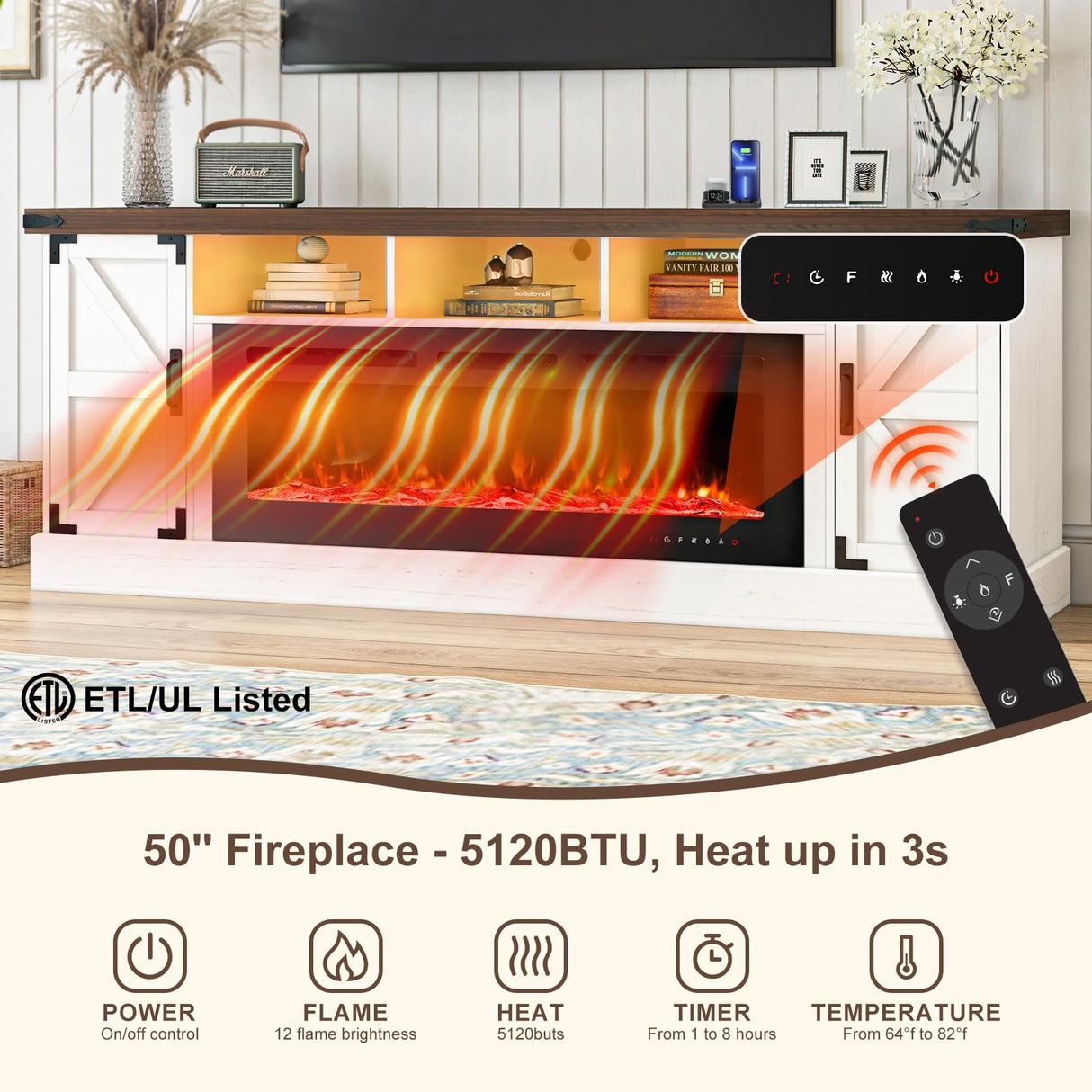 77" Fireplace TV Stand for 85 Inch TV, 50'' Electric Fireplace, Power Outlet, LED Farmhouse Media Entertainment Center Console Table for Living Room, White JassmiPkwy