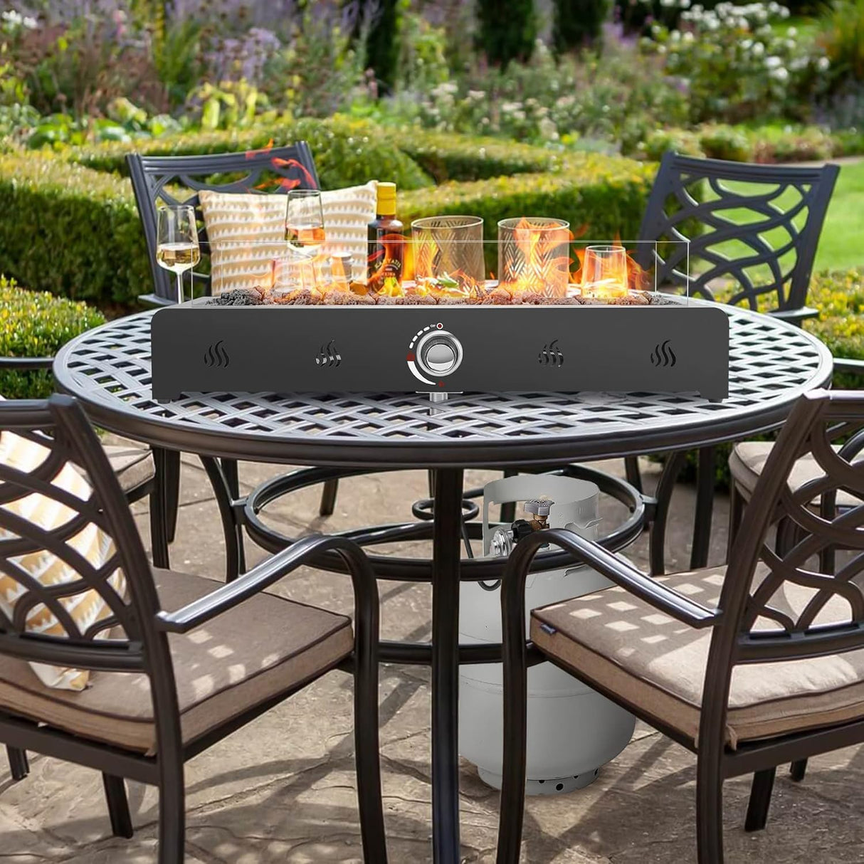 Onlyfire 28 Inch Tabletop Gas Fire Pit, Outdoor Propane Fire Pit Bottom Mounted with Glass Wind Guard and Lava Rock, Rectangular Smokeless Fire Table Indoor Outdoor Fireplace onlyfire