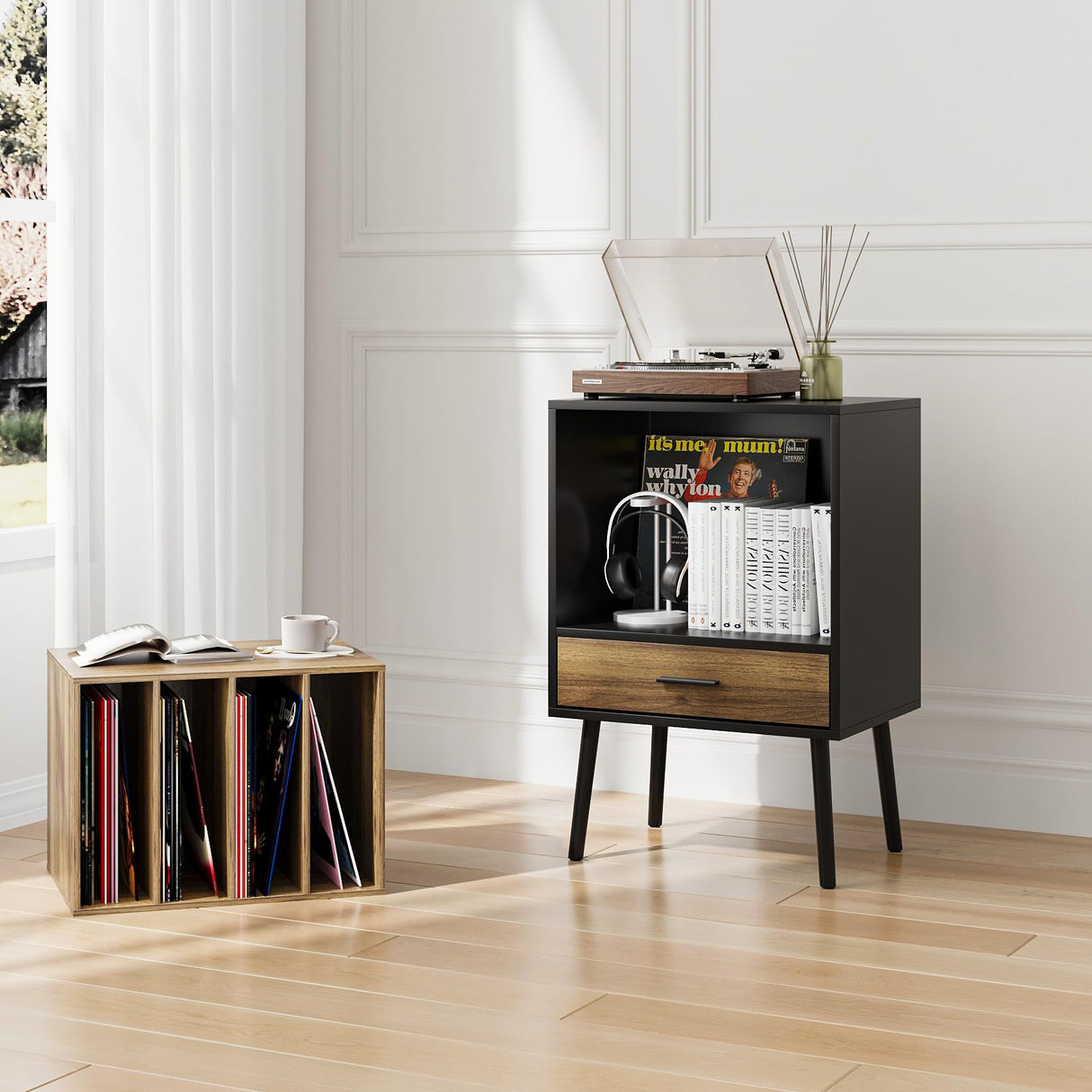 Record Player Stand with Vinyl Record Storage, Turntable Stand with Storage Cabinet Holds up to 180 Albums, Mid-Century Vinyl Holder Storage Shelf for Living Room Bedroom Office Morwdxef