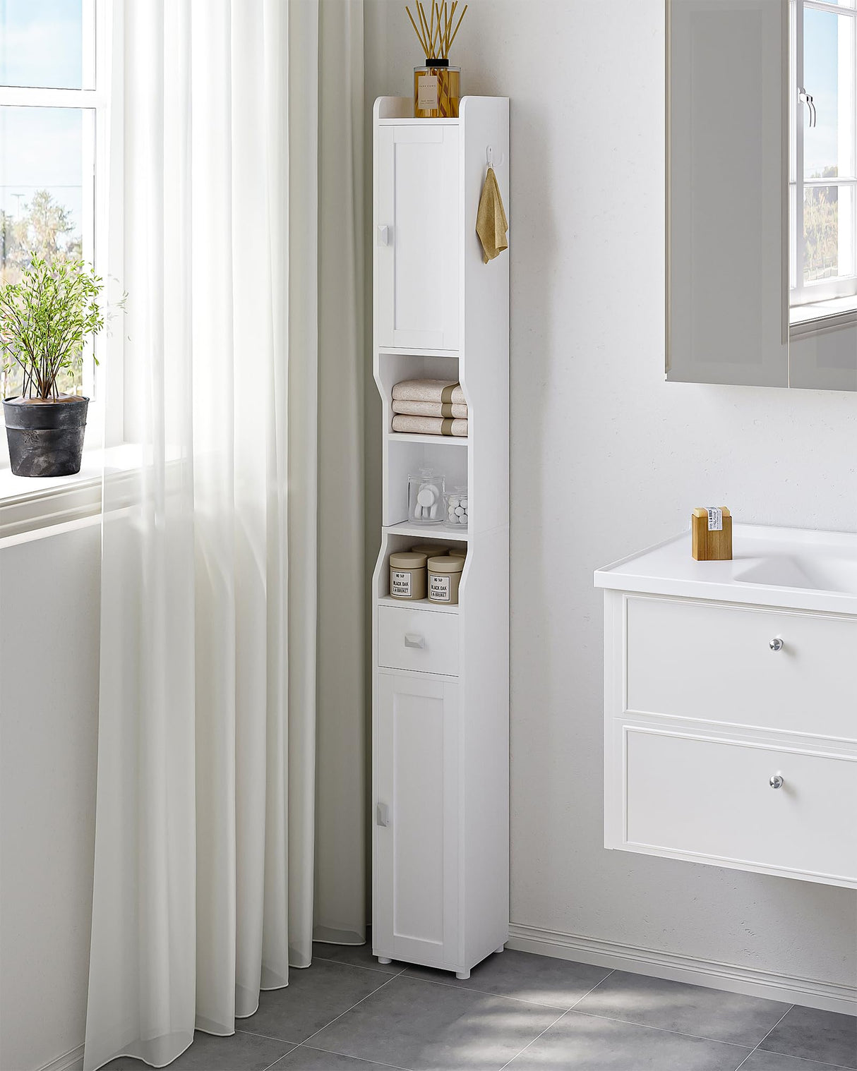 HEXCELEN Narrow White Bathroom Storage Cabinet with Doors, Drawer, and Adjustable Shelf HEXCELEN
