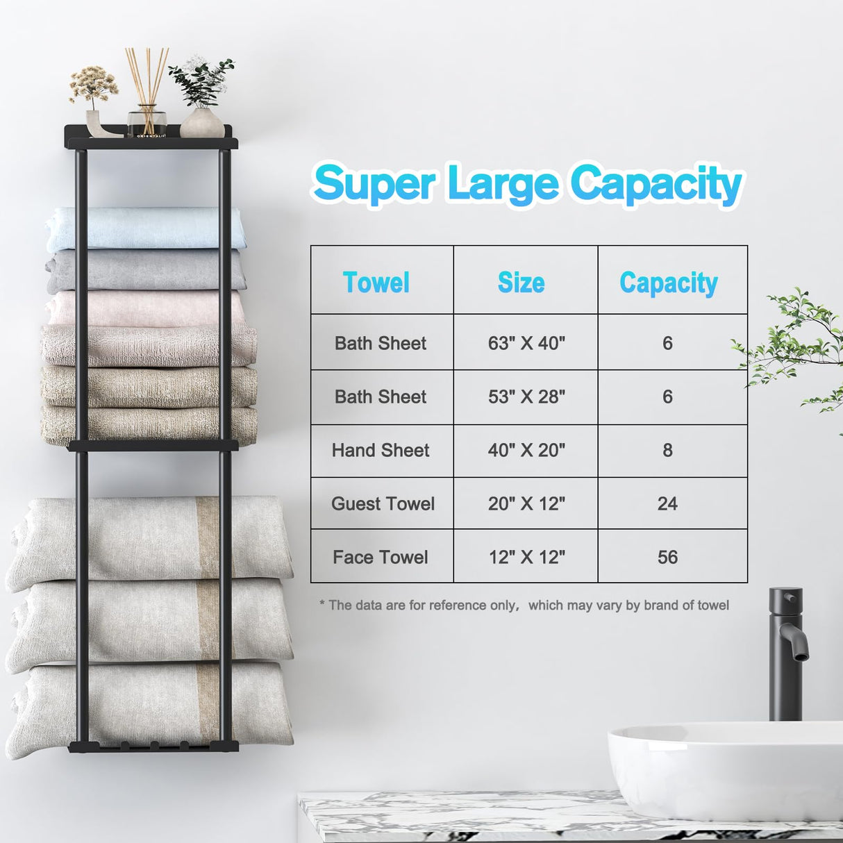 Liuoud Towel Rack for Bathroom, Wall Mounted Vertical Rolled Towel Storage Organizer Holder with Shelf, Holds Up 6 Large Bath Sheets, Black Liuoud