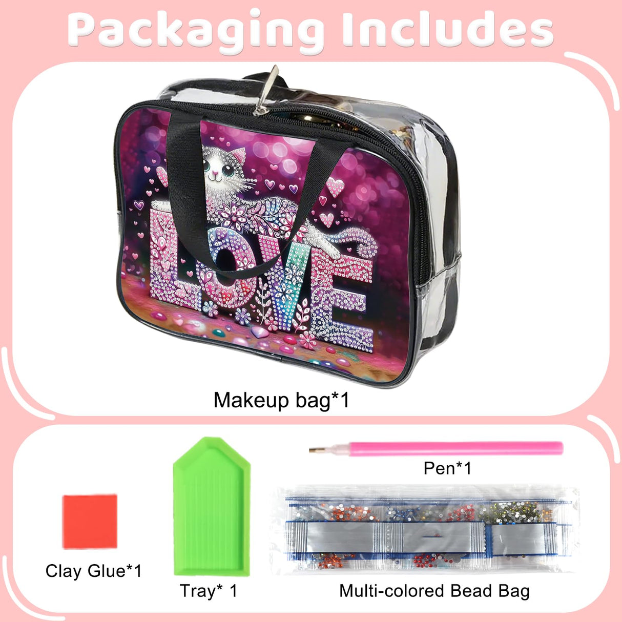 DIY diamond painting makeup bag kit, cat pattern sequined makeup storage bag with zipper, portable travel toiletries bag, as a handmade creative gift Tontut
