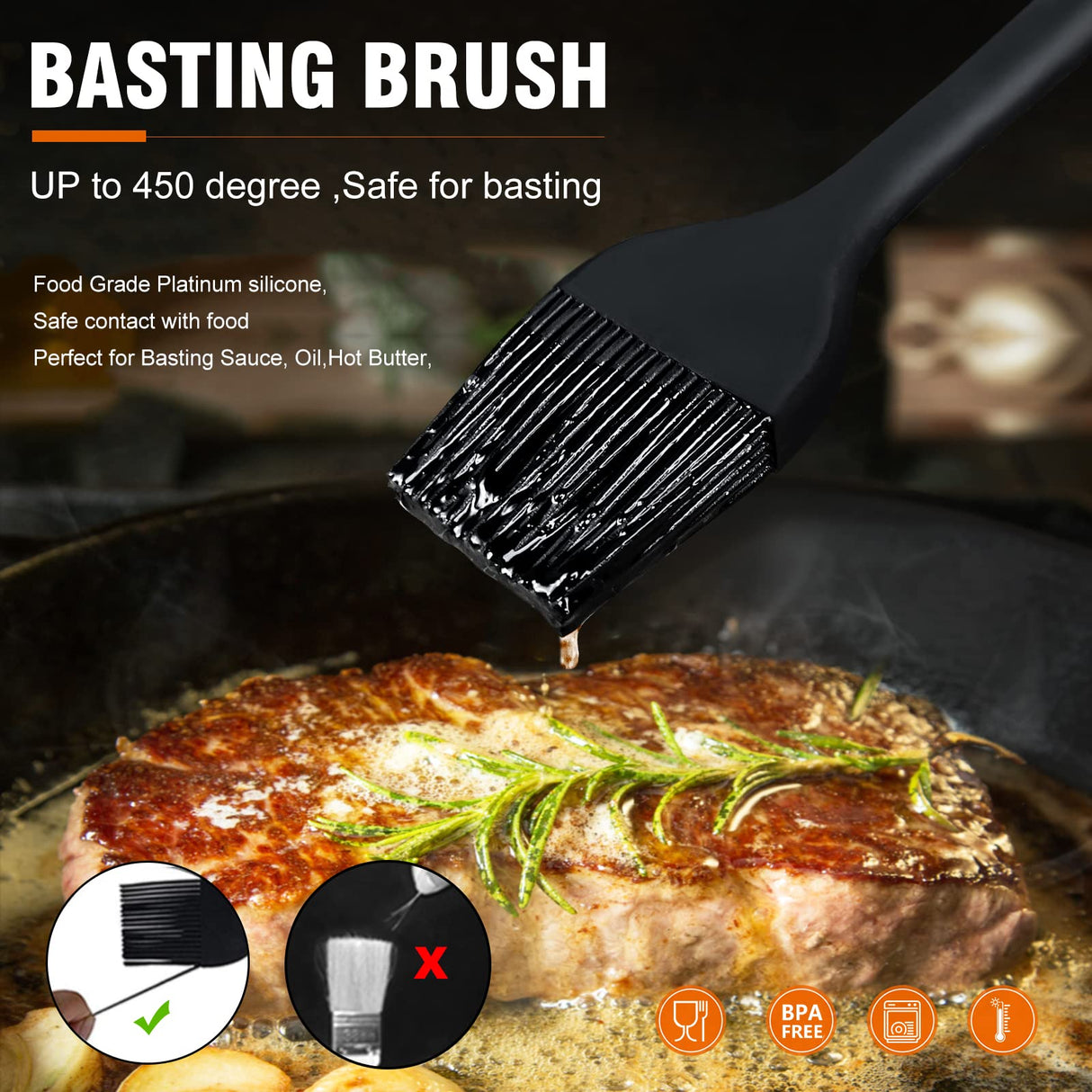 Walfos Silicone Basting Brush Set, 5 Pieces Heat Resistant Pastry Brush, Perfect for Baking,BBQ Grill,Kitchen Cooking,Strong Steel Core and One-Pieces Design,BPA Free and Dishwasher Safe Walfos