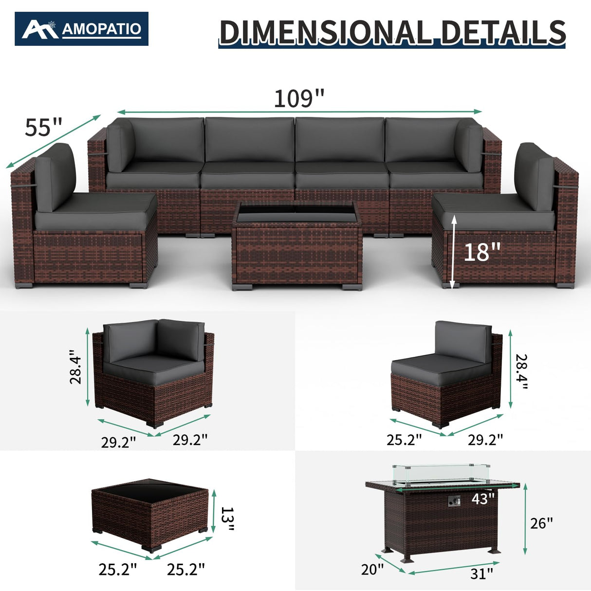 Amopatio 8 Pieces Patio Furniture Set Outdoor with Gas Fire Pit Table, PE Wicker Pit Conversation Set, 44" Gas Fire Patio Sectional Furniture with Grey Cushions, Coffee Table, Waterproof Covers Amopatio