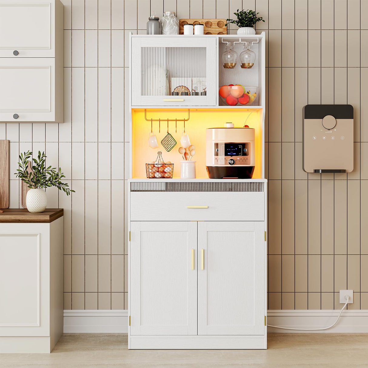 HOOBRO Pantry Cabinet, 67" Kitchen Pantry Storage Cabinet with LED Lights and Charging Station, Modern Hutch Cabinet with Microwave Stand, Cup and Goblet Holders, Shelves for Kitchen, White HOOBRO