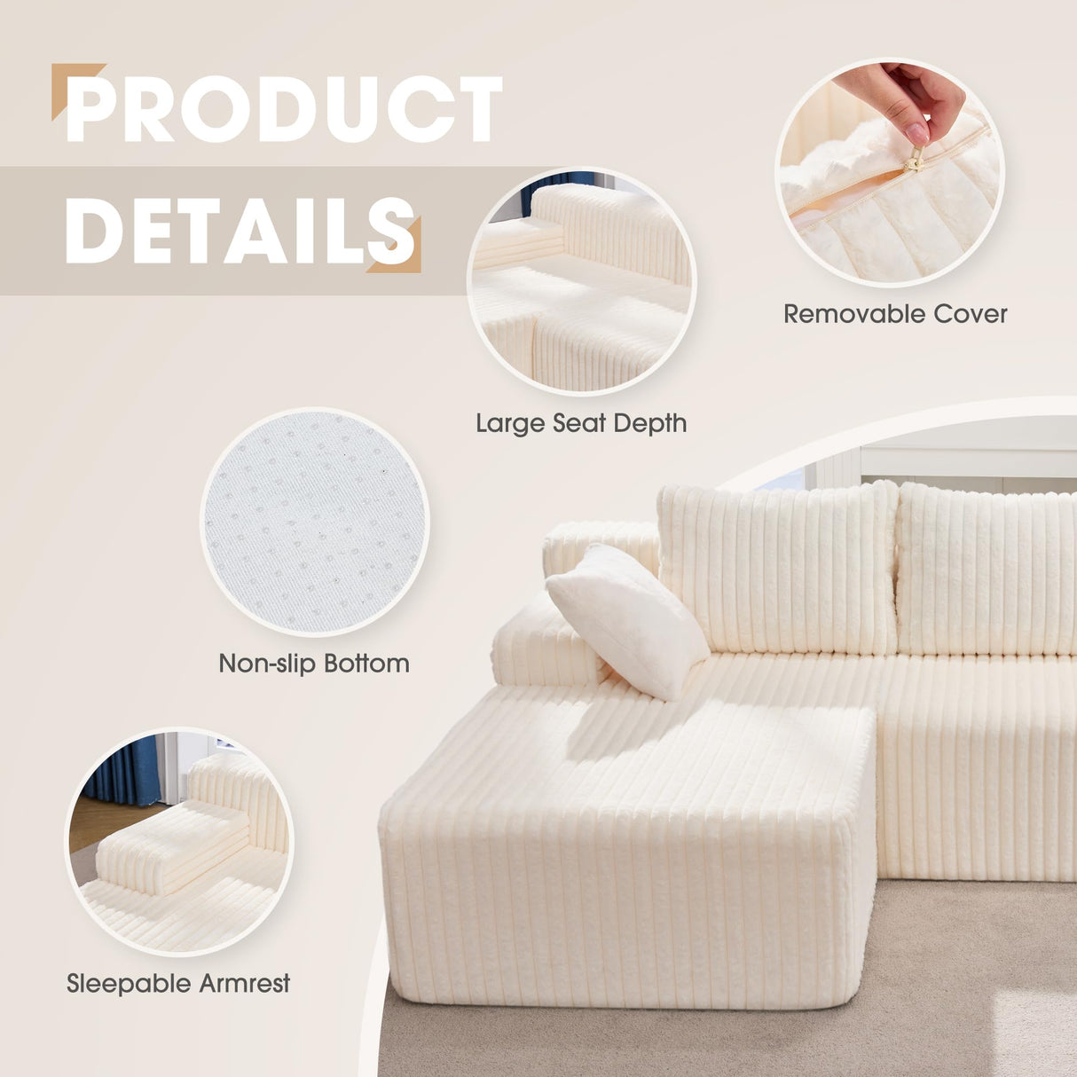 Hobestluk 96” Modular Sectional Sofa Couches L-Shape Couch 3 Seat Modular Sofa Memory Foam Sectional Couches for Living Room, Cloud Couch with Oversized Chaise (White, Stripe (Left Facing Chaise)) Hobestluk