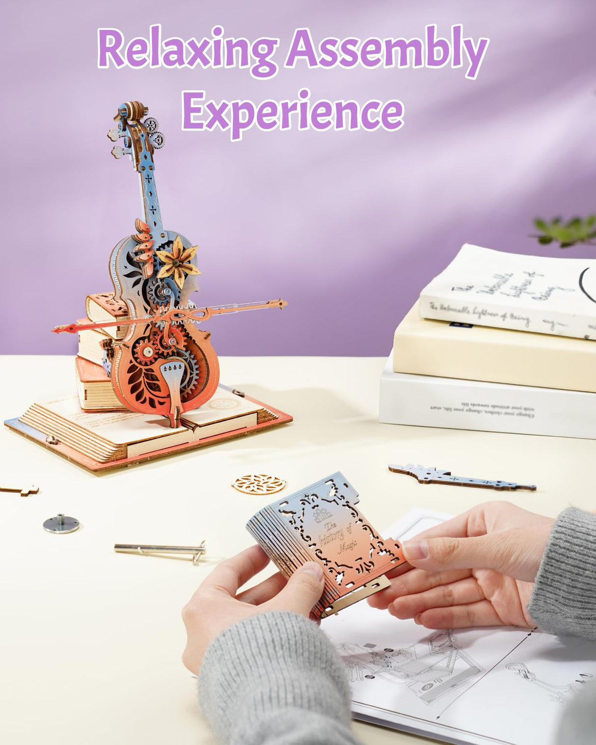 ROKR 3D Puzzles for Adults, Wooden Music Boxes-Cello, Model Kits for Adults, DIY Building Sets for Kids, Birthday Gifts Hobbies for Women Men ROKR