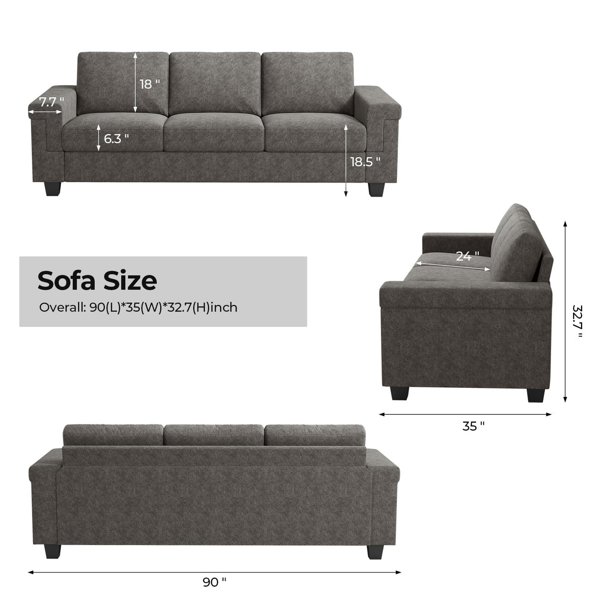 COPIAE 3 Seater Sofa Couch with Deep Seat, 90" Modern Upholstered Sofa with Armrests, Easy Installation, Comfy Couches for Living Room, Apartment, Gray COPIAE