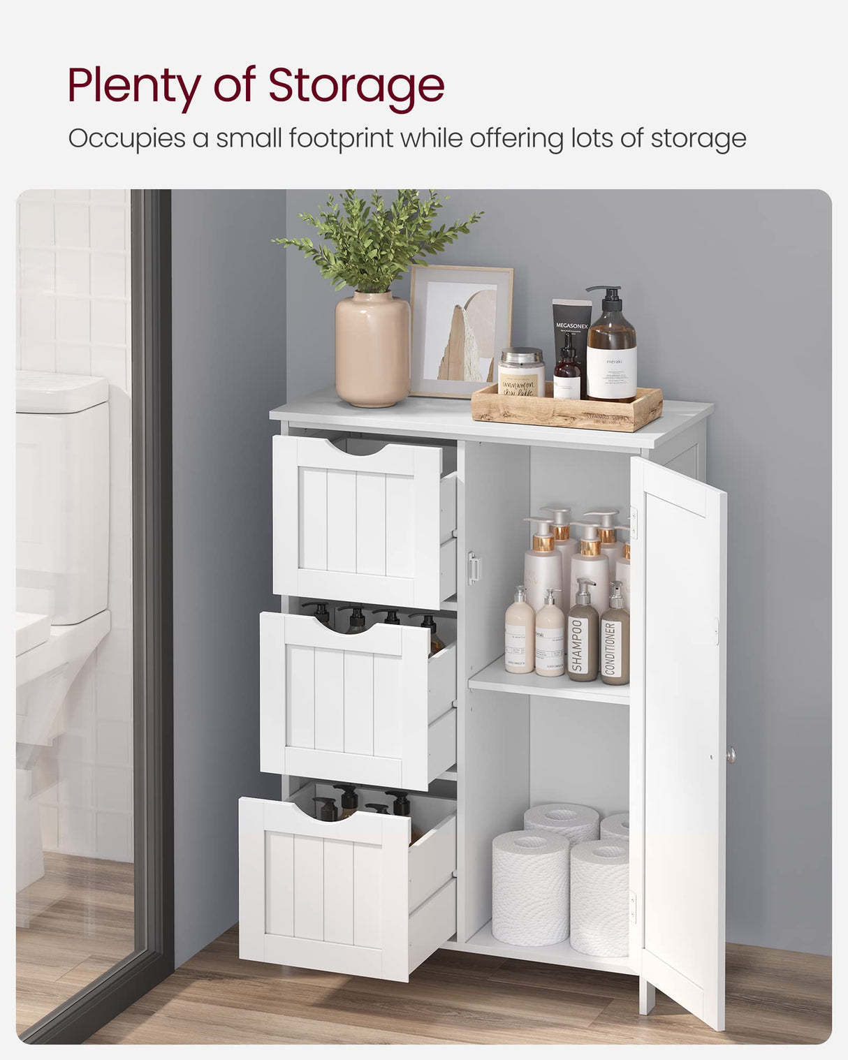 VASAGLE White Bathroom Storage Cabinet with 3 Drawers and Adjustable Shelf, Freestanding Organiser VASAGLE