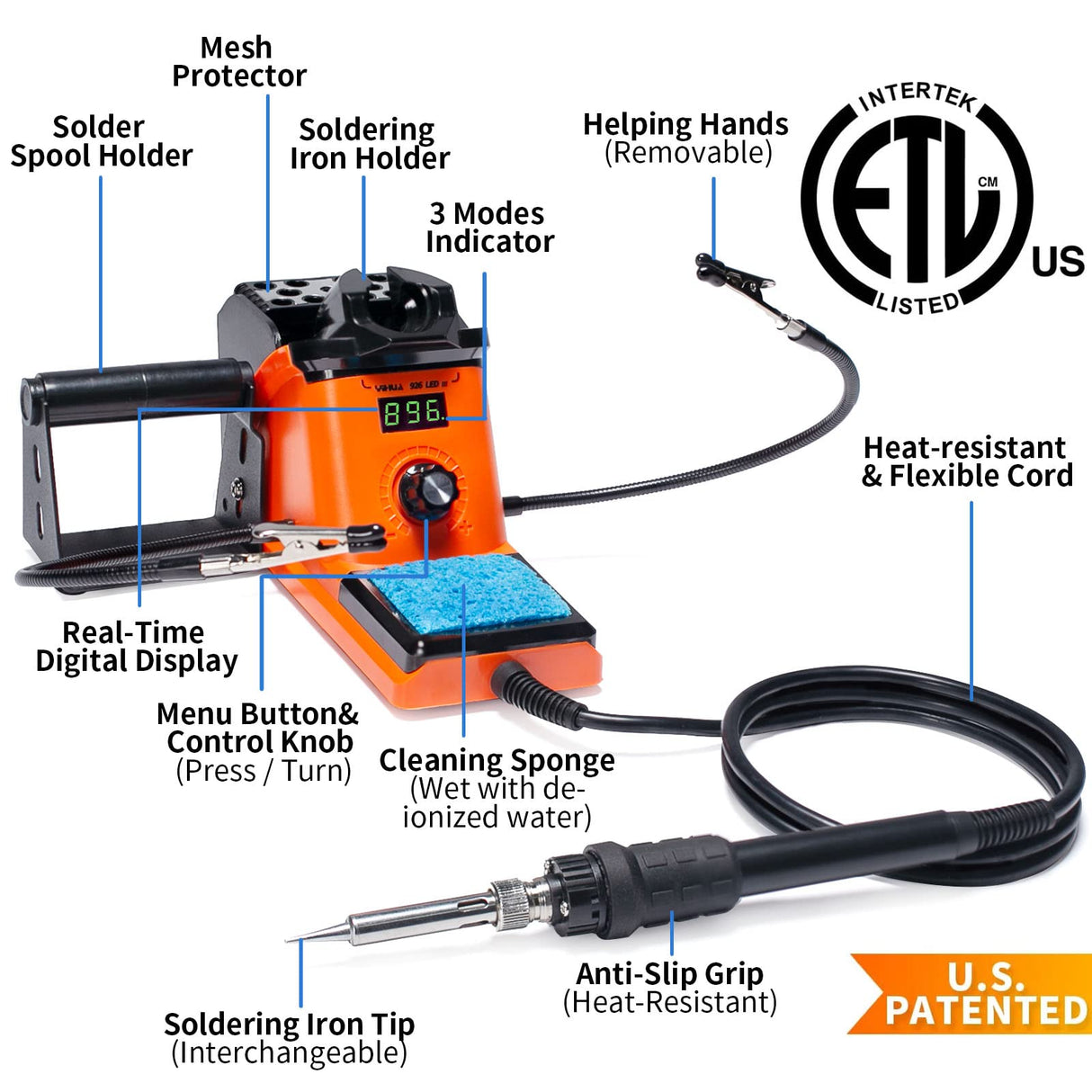 YIHUA 926 III 60W LED Display Soldering Iron Station Kit w 2 Helping Hands, 6 Extra Iron Tips, Roll of Lead-Free Solder, Solder Sucker, S/S Tweezers, °C/ºF Conversion, Auto Sleep & Calibration Support YIHUA