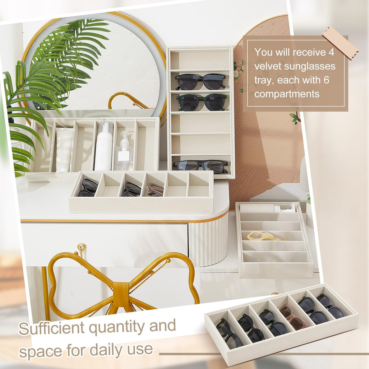 Juexica 4 Pcs Velvet Sunglasses Organizer Tray 6 Grid Sunglass Organizer Velvet Tray Stackable Glasses Display Case for Women Glasses Jewelry Display Watch (Beige) Juexica