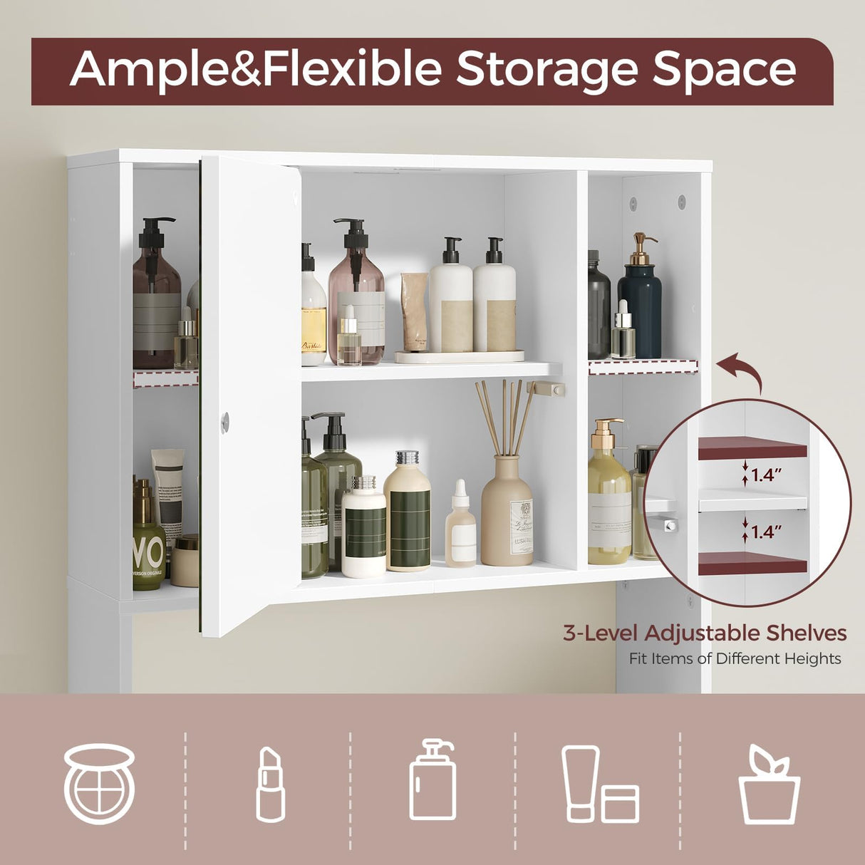 MAHANCRIS Bathroom Wall Cabinet with Mirror, Wall Mounted Medicine Cabinet with Color Adjustment LED Lights, Mirrored Over The Toilet Storage Cabinet with Adjustable Shelves, 23.6''W x 21.6''H, White MAHANCRIS