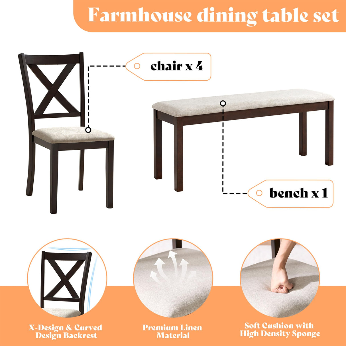 AMERLIFE 6 Piece Farmhouse Dining Table Set, 71'' Solid Wood Table with Upholstered Chairs & Bench, Seating for 6, for Kitchen or Dining Room, Brown & Black AMERLIFE