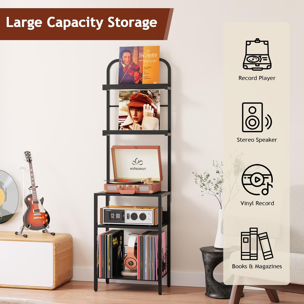 Homsorout Record Player Stand with Vinyl Storage - 5-Tier Turntable Table with Adjustable Feet, Metal & Wood Cabinet - Console Organizer Display Shelf for Living Room, Apartment Homsorout