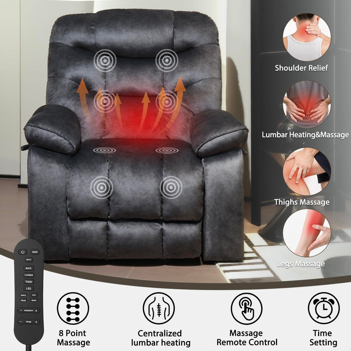 EONIX Large Lay Flat Power Lift Recliner Chair for Elderly with Heat and Massage, 400lbs Dual Motor Electirc Lift Chair with Extended Footrest, SLRY007062, Black EONIX